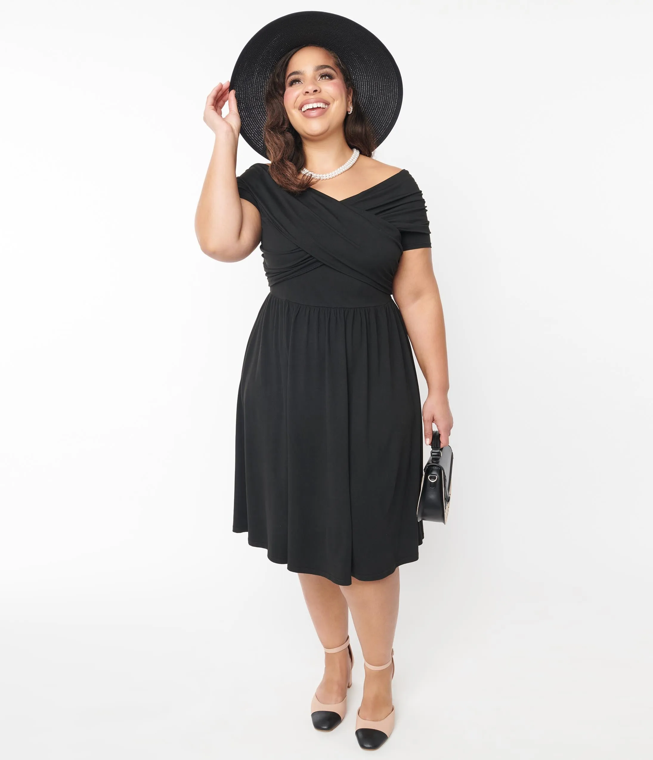 Unique Vintage Plus Size Black Shirred Swing Dress Casual Everyday Look
