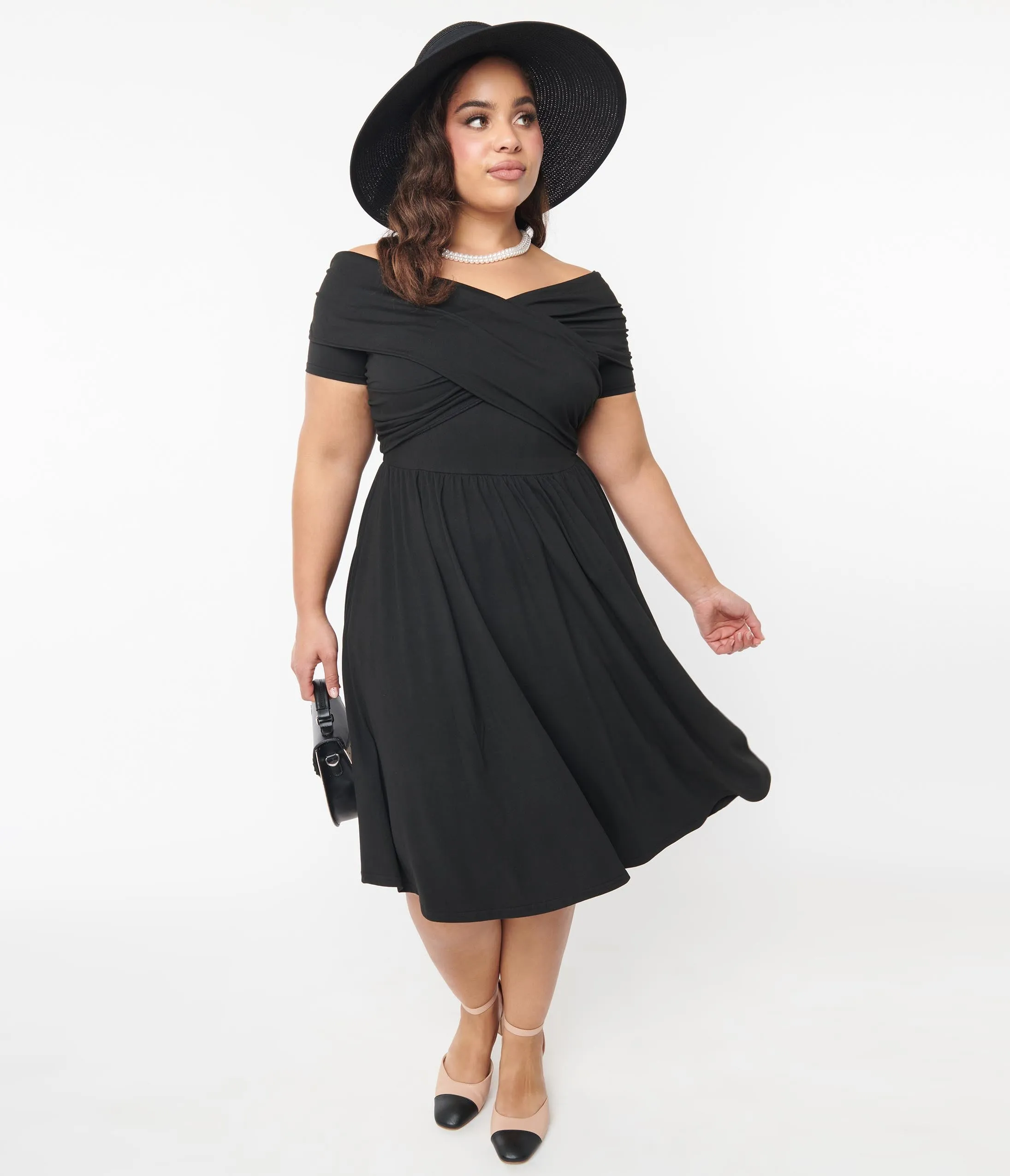 Unique Vintage Plus Size Black Shirred Swing Dress Casual Everyday Look