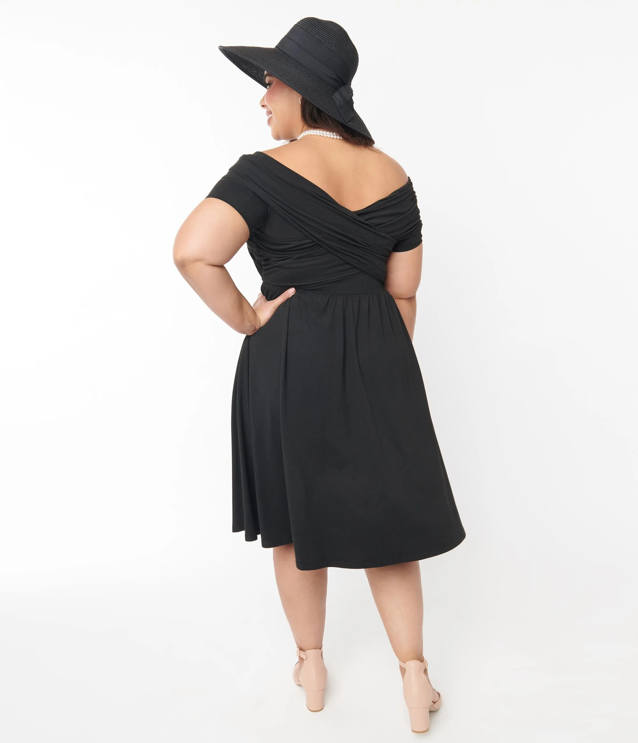 Unique Vintage Plus Size Black Shirred Swing Dress Casual Everyday Look