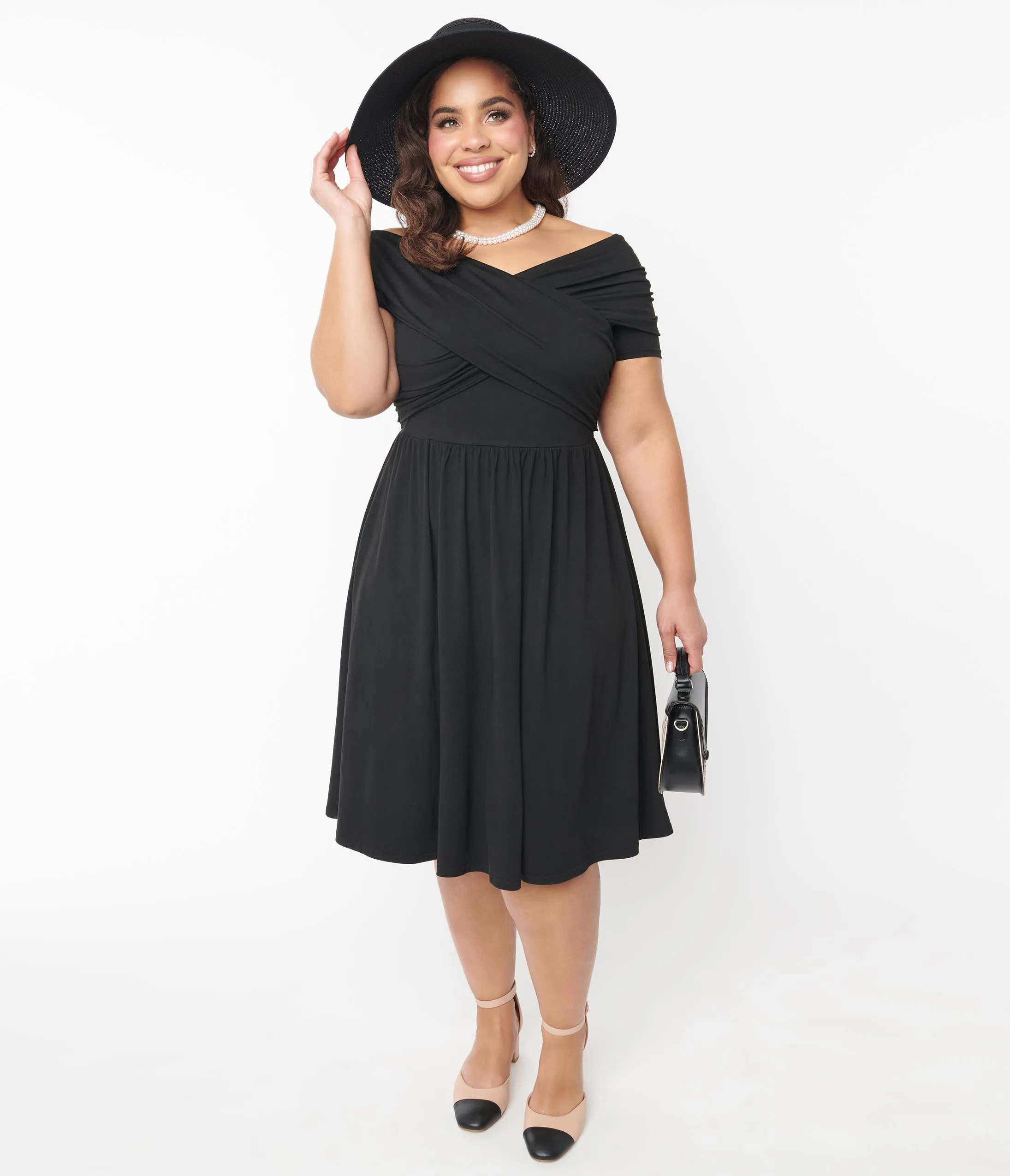 Unique Vintage Plus Size Black Shirred Swing Dress Casual Everyday Look