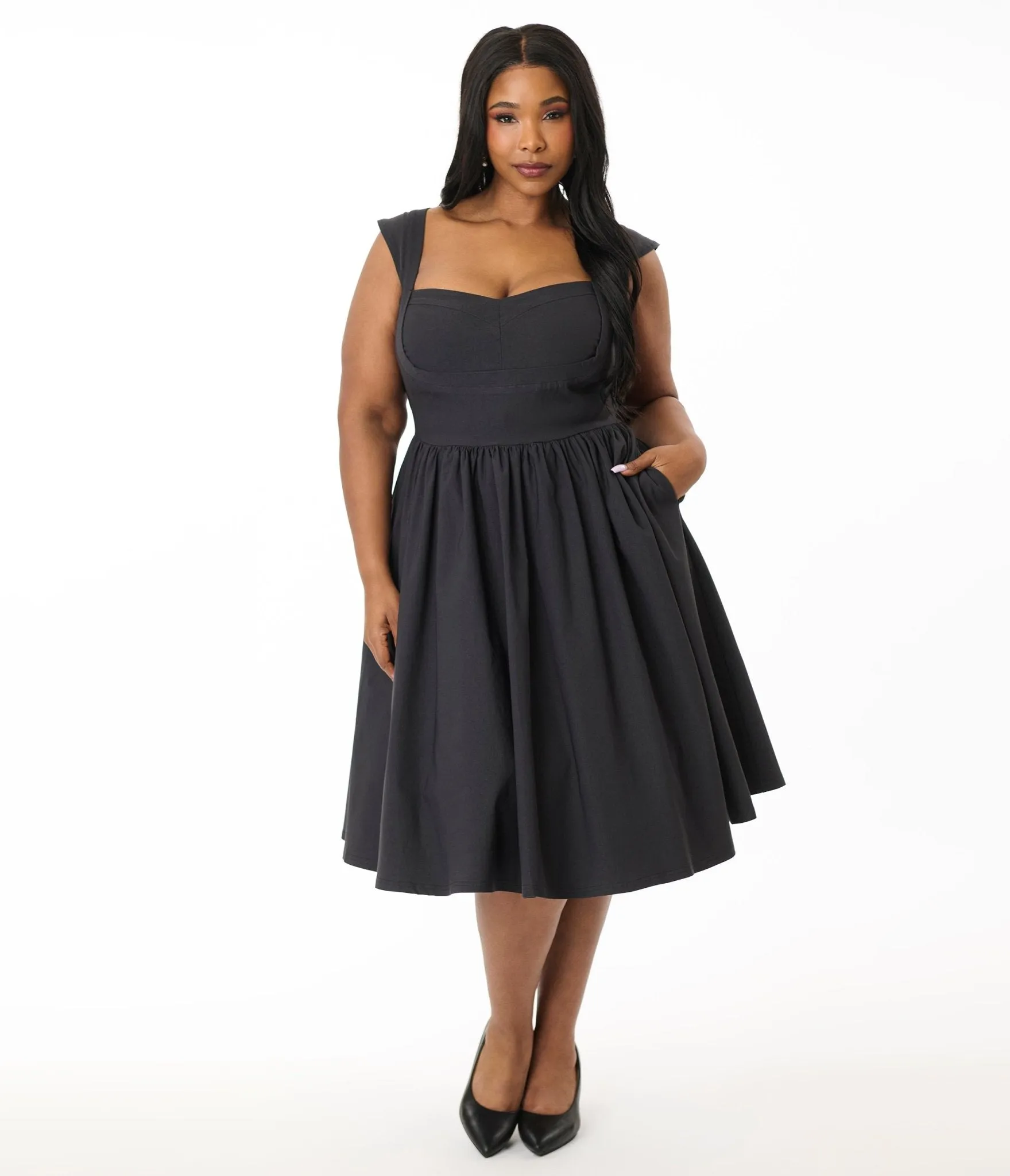Unique Vintage Plus Size Black Sleeveless Swing Dress Casual Everyday Look