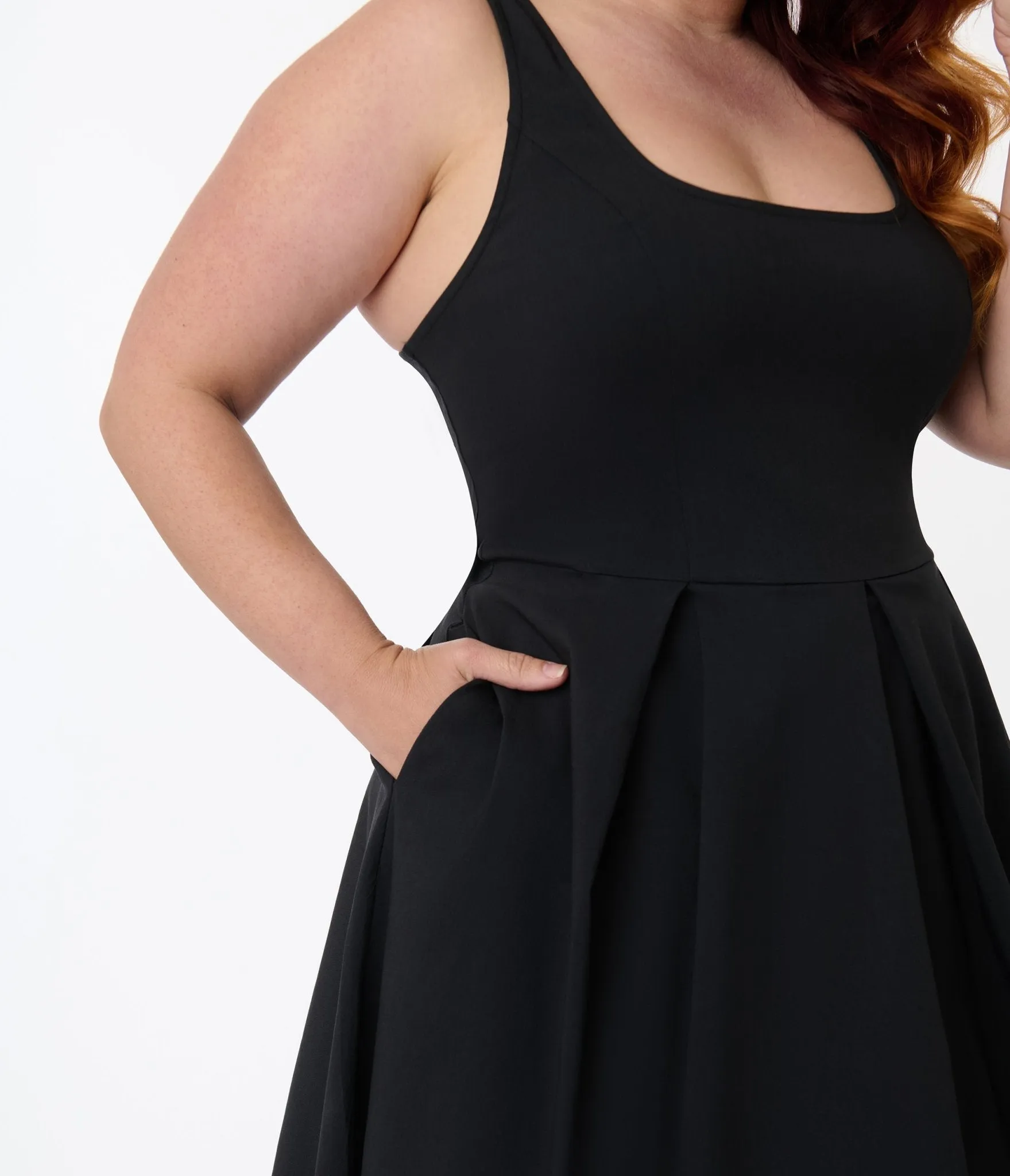 Unique Vintage Plus Size Black Square Neck Pleated Swing Dress Casual Everyday Look