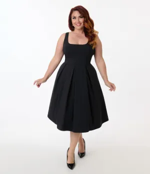 Unique Vintage Plus Size Black Square Neck Pleated Swing Dress Casual Everyday Look