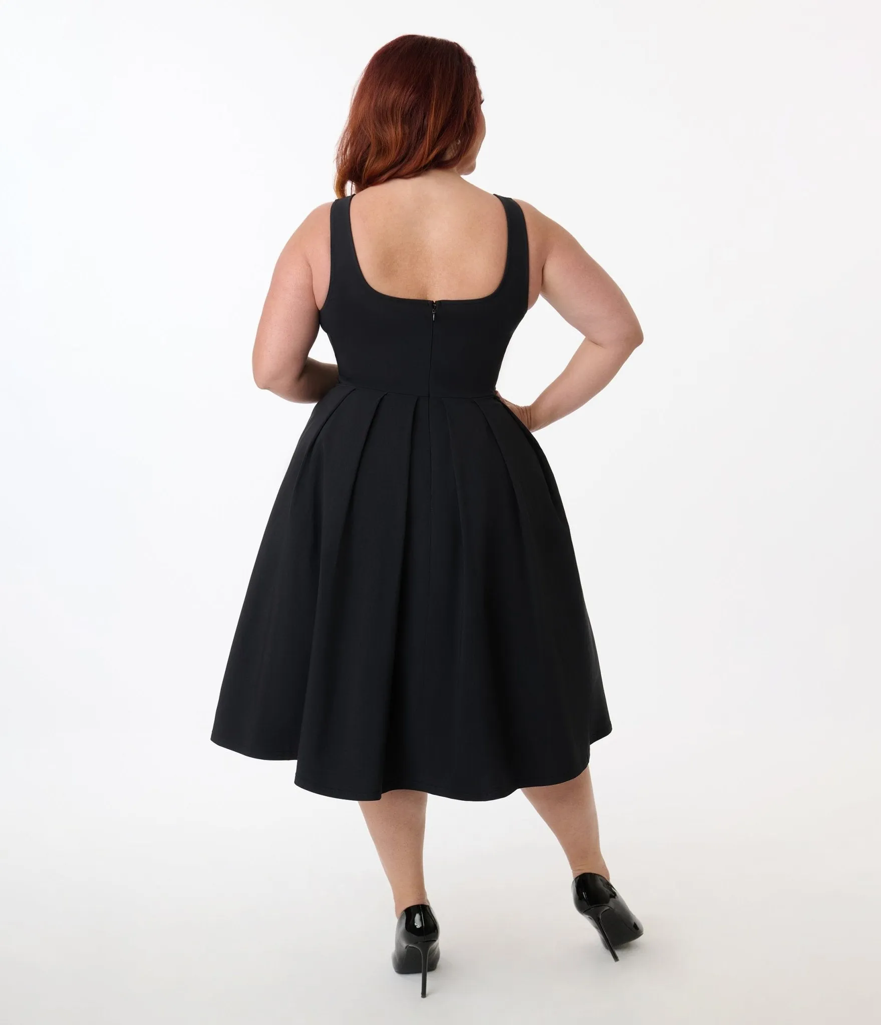 Unique Vintage Plus Size Black Square Neck Pleated Swing Dress Casual Everyday Look