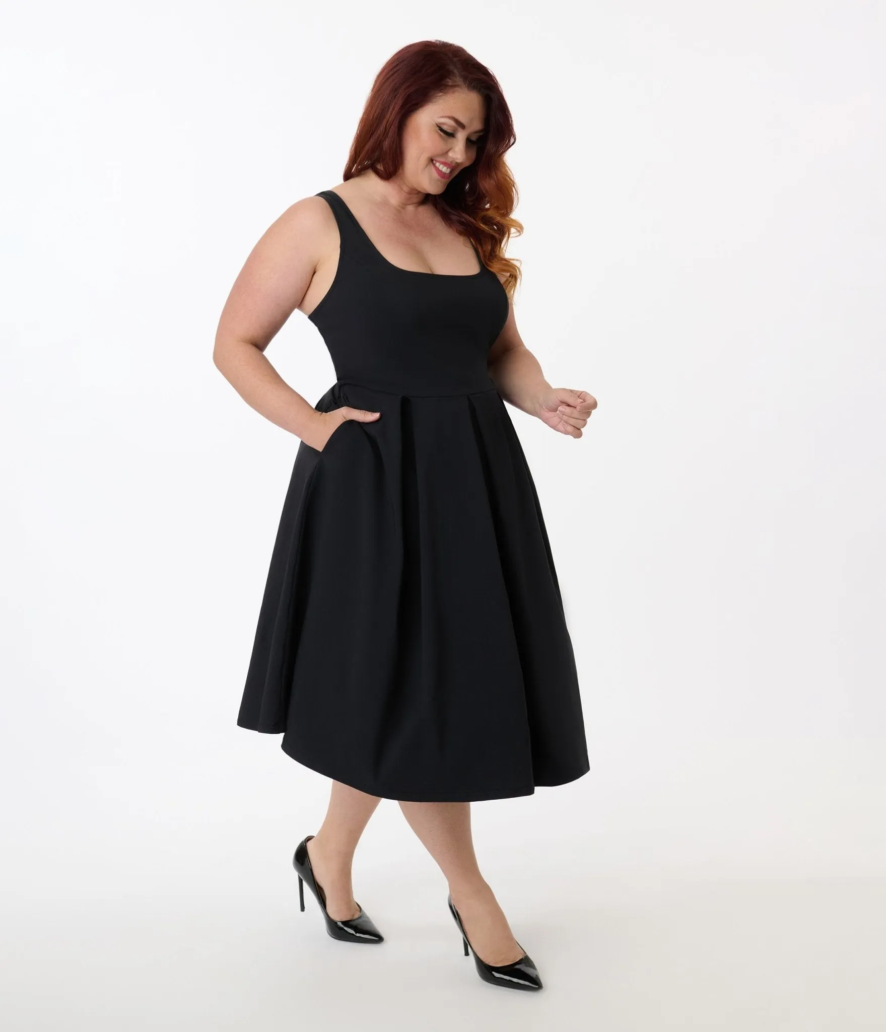 Unique Vintage Plus Size Black Square Neck Pleated Swing Dress Casual Everyday Look