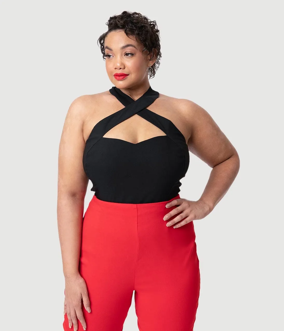 Unique Vintage Plus Size Black Stretch Rita Criss Cross Halter Top Easy Date Night