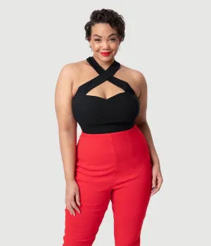 Unique Vintage Plus Size Black Stretch Rita Criss Cross Halter Top Easy Date Night
