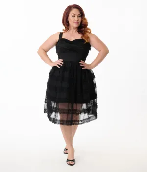 Unique Vintage Plus Size Black Tiered Sheer Midi Dress Casual Everyday Look