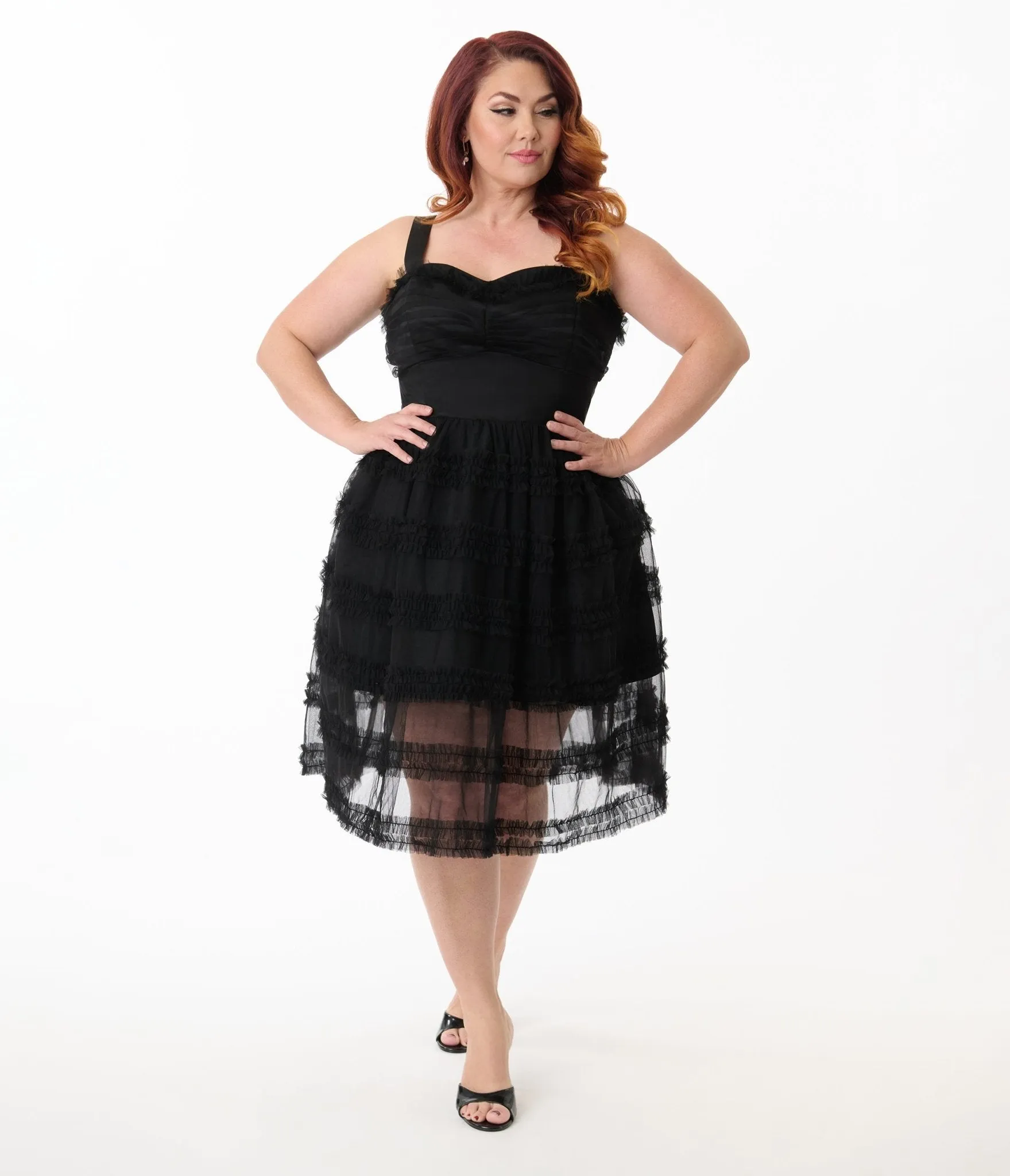 Unique Vintage Plus Size Black Tiered Sheer Midi Dress Casual Everyday Look