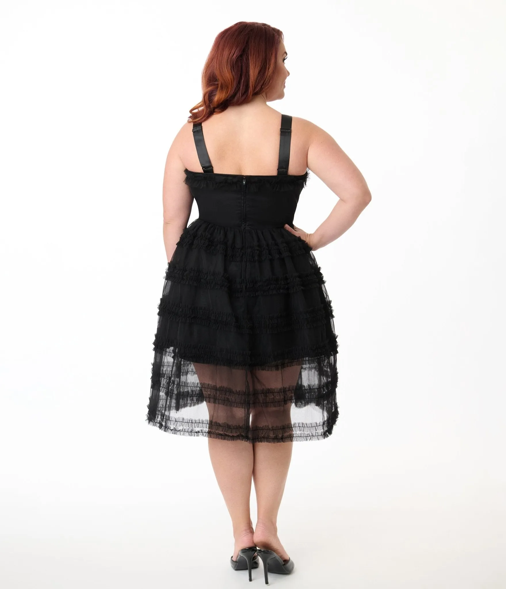 Unique Vintage Plus Size Black Tiered Sheer Midi Dress Casual Everyday Look