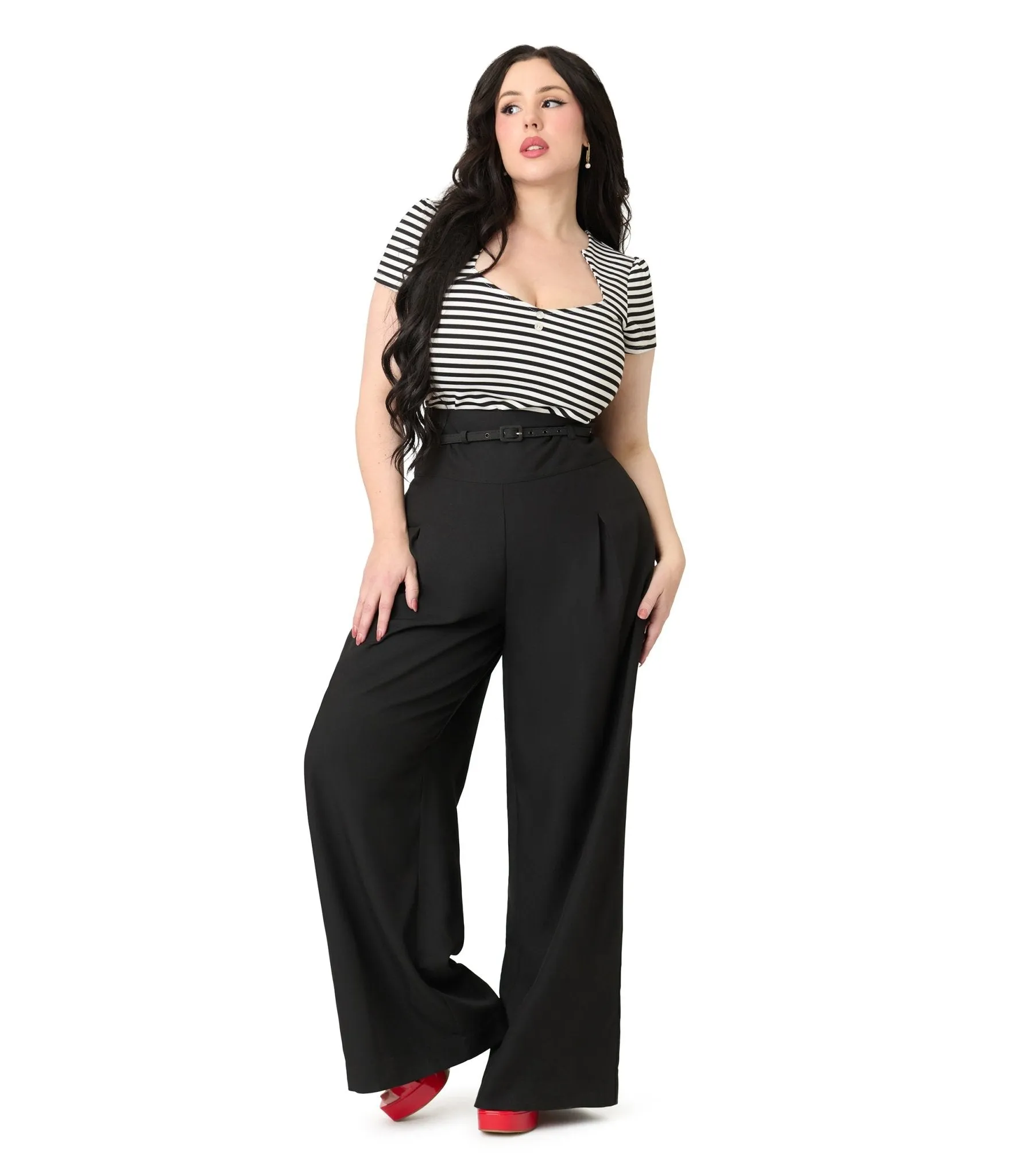 Unique Vintage Plus Size Black Wide Leg Pleated Pants Comfortable Travel Wear