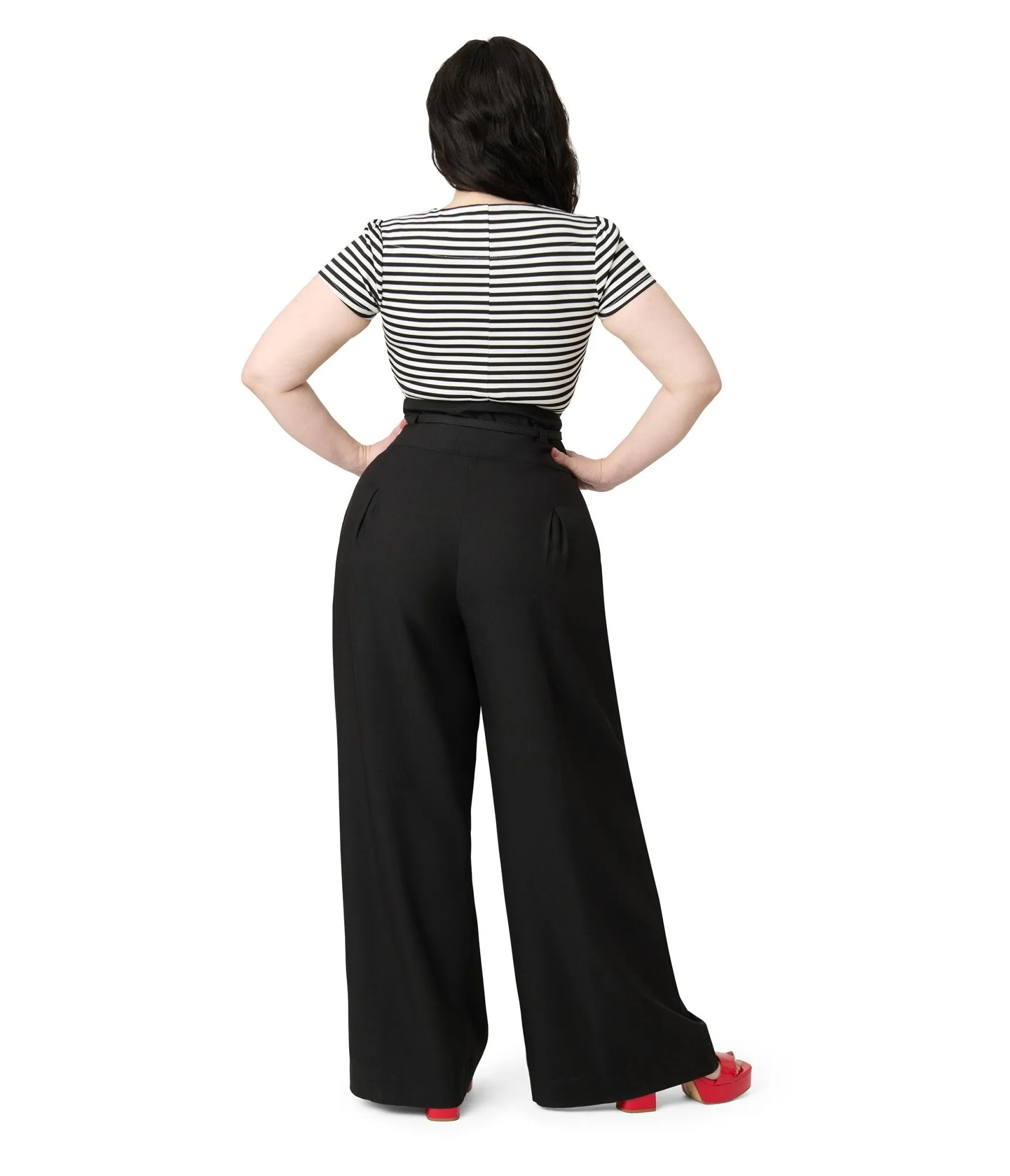 Unique Vintage Plus Size Black Wide Leg Pleated Pants Comfortable Travel Wear