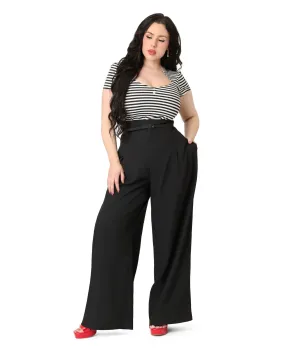 Unique Vintage Plus Size Black Wide Leg Pleated Pants Comfortable Travel Wear