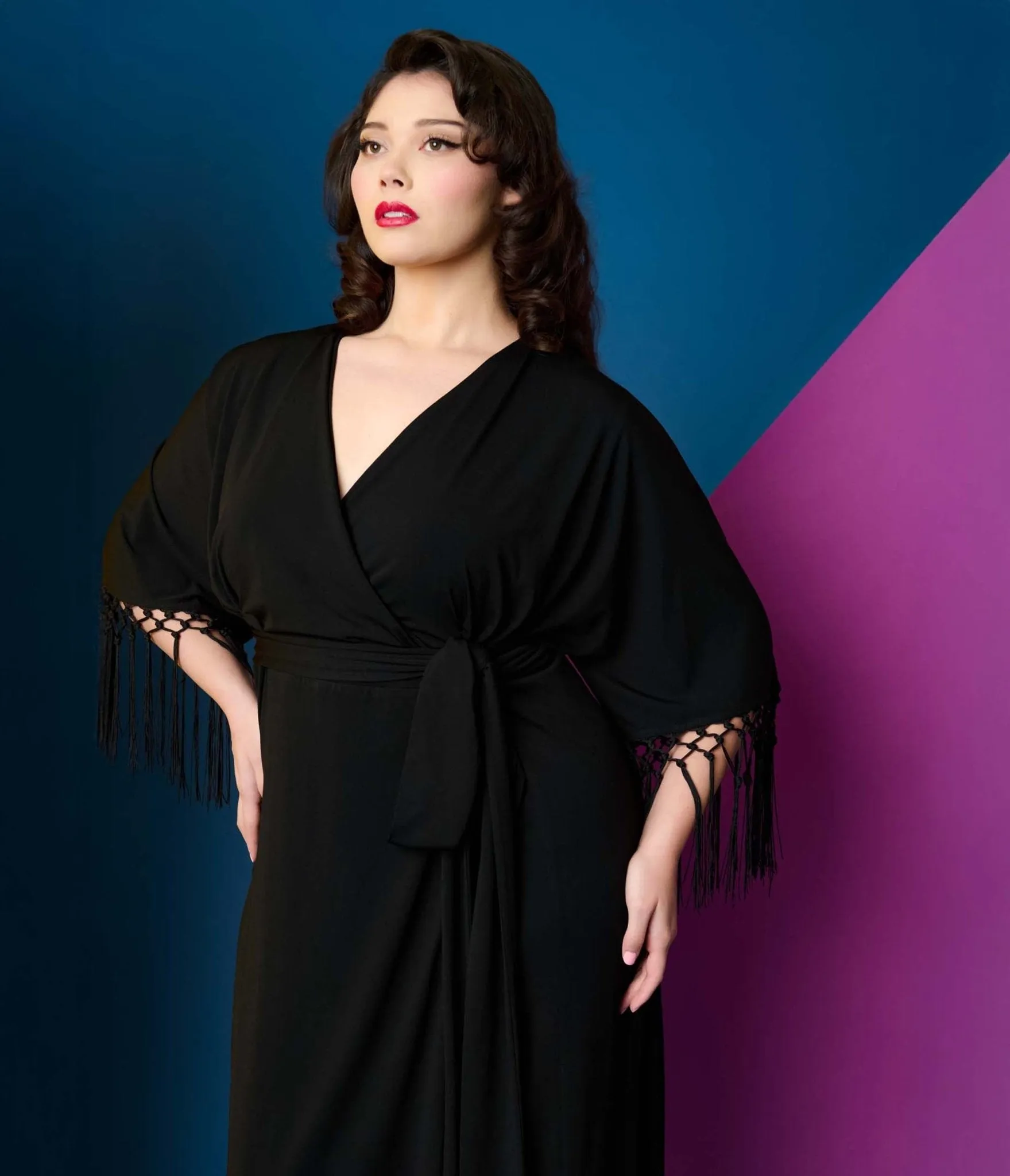 Unique Vintage Plus Size Black Wrap Midi Dress Casual Everyday Look