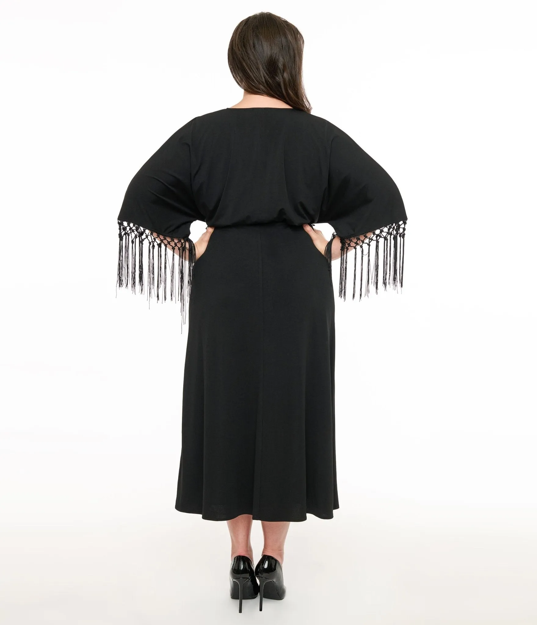 Unique Vintage Plus Size Black Wrap Midi Dress Casual Everyday Look