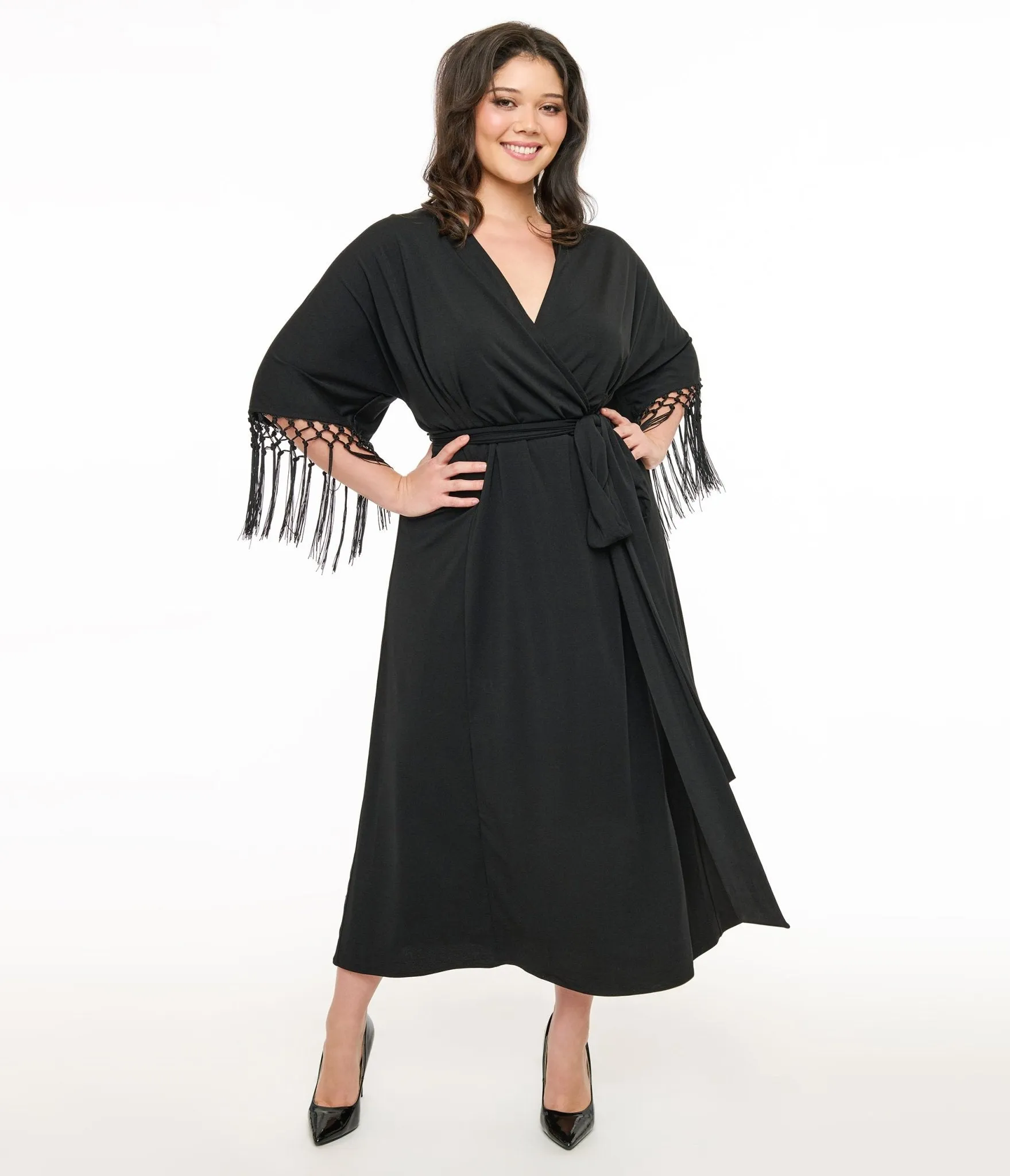 Unique Vintage Plus Size Black Wrap Midi Dress Casual Everyday Look