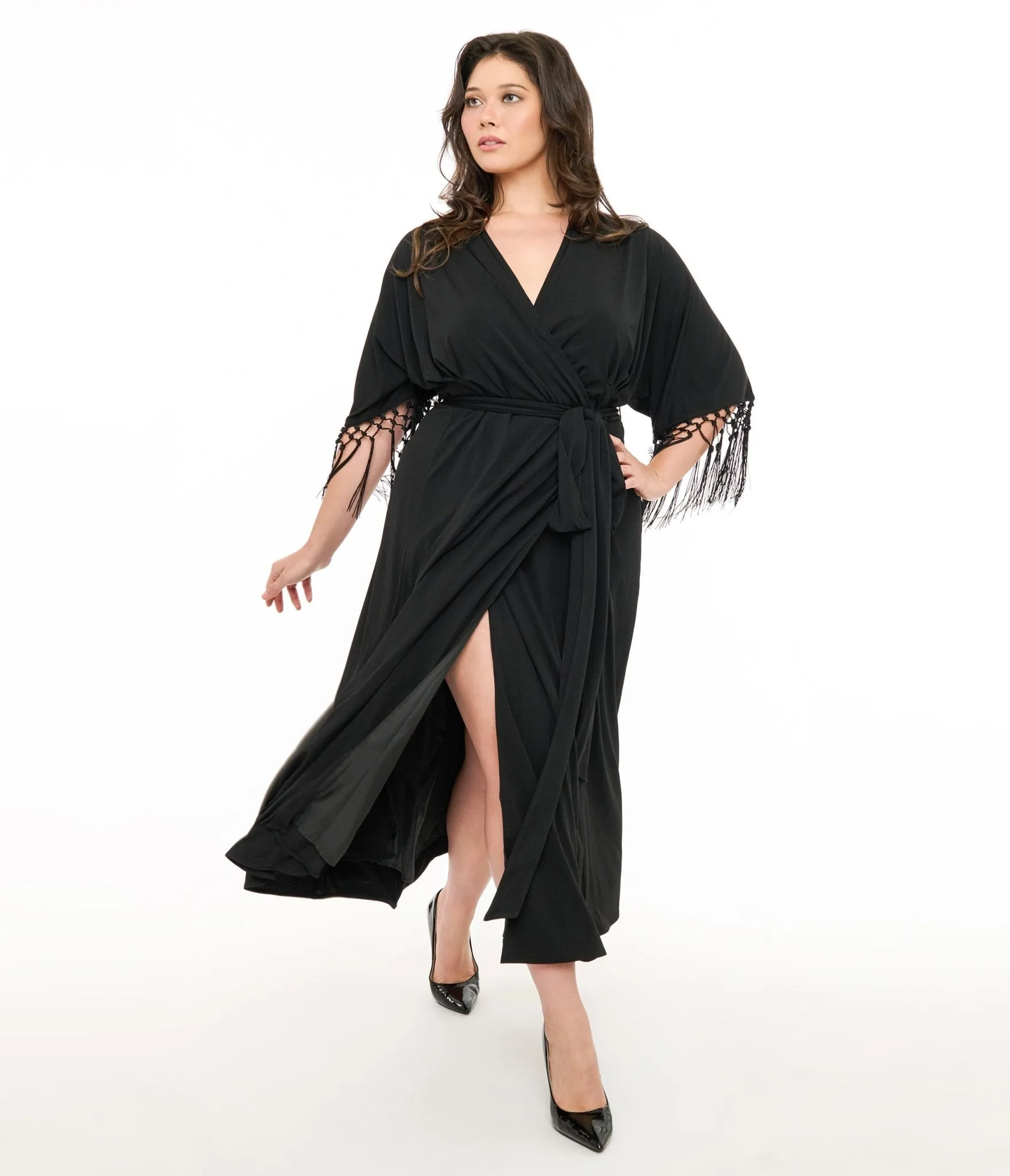 Unique Vintage Plus Size Black Wrap Midi Dress Casual Everyday Look