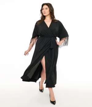 Unique Vintage Plus Size Black Wrap Midi Dress Casual Everyday Look