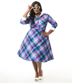 Unique Vintage Plus Size Blue & Purple Madras Plaid Shirt Dress Casual Everyday Look