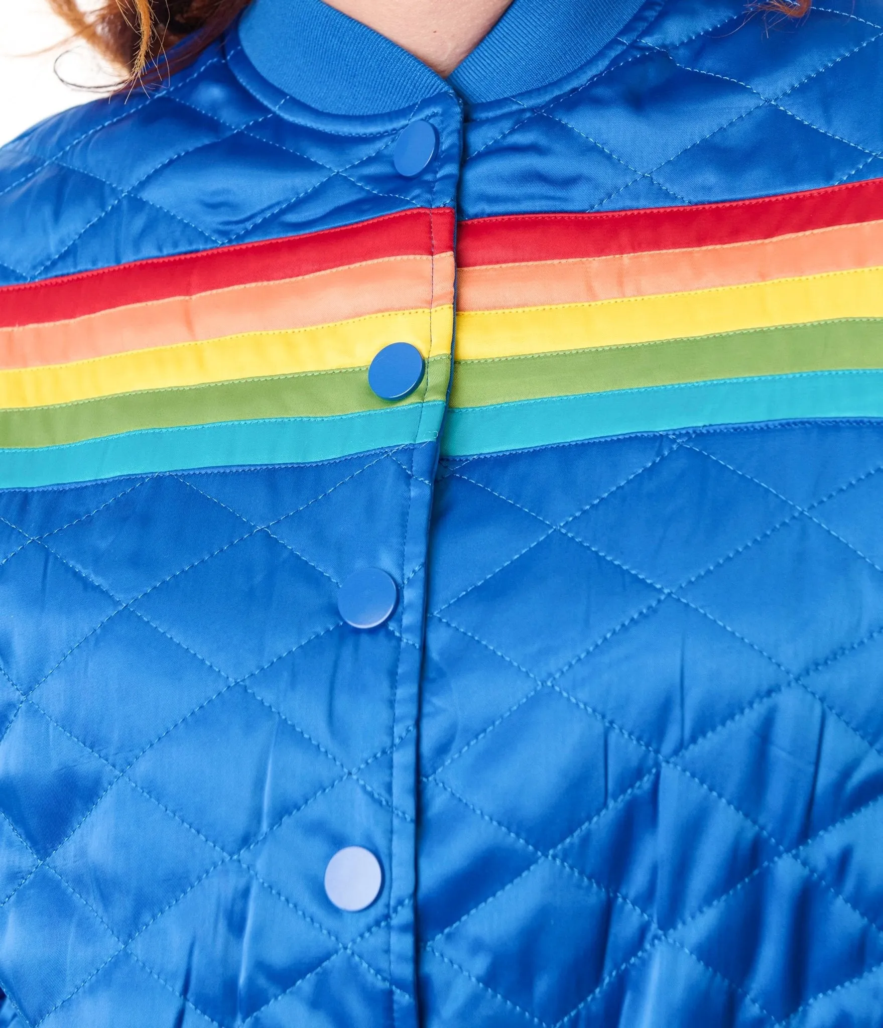 Unique Vintage Plus Size Blue & Rainbow Quilted Varsity Jacket Easy Date Night