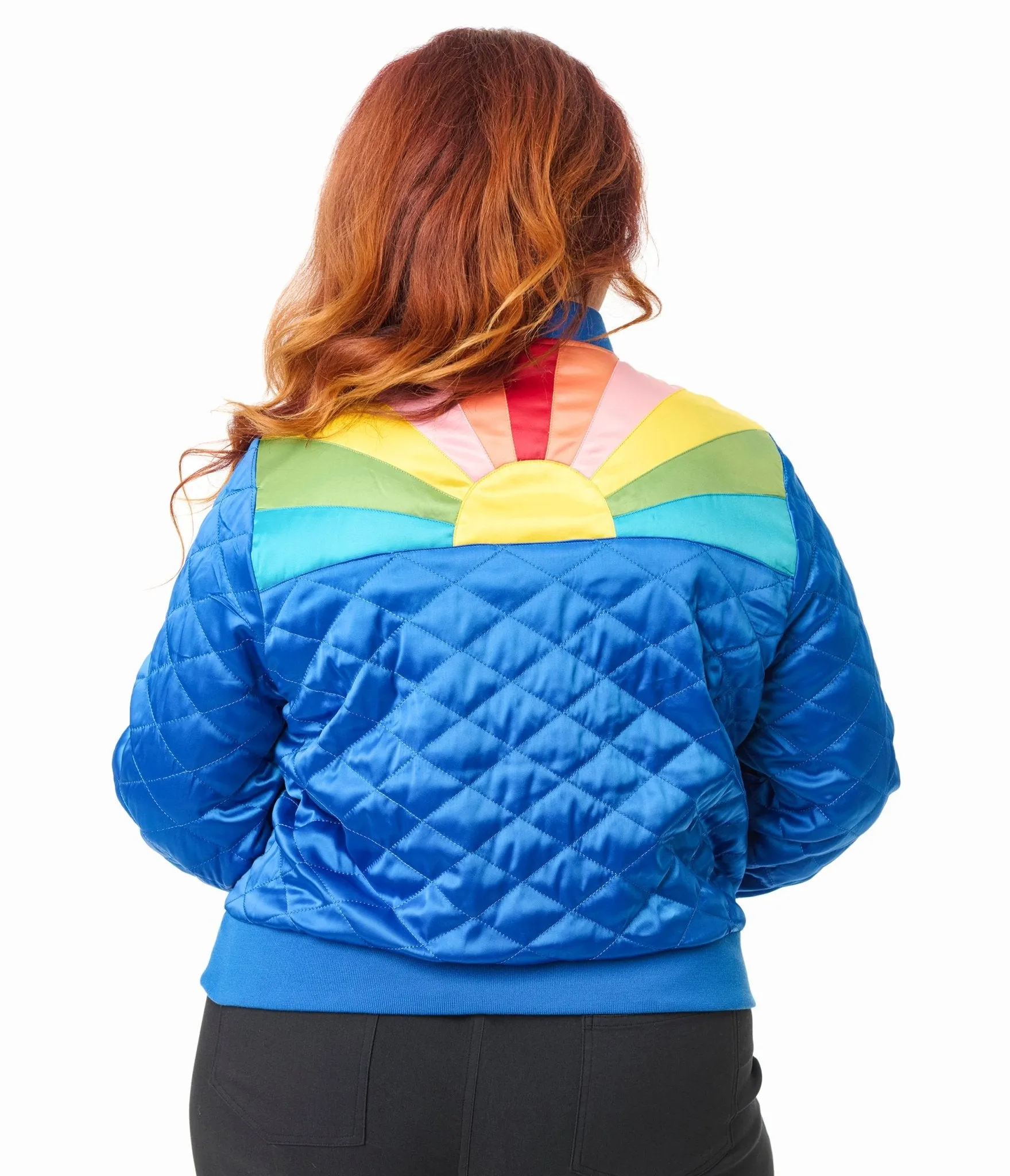 Unique Vintage Plus Size Blue & Rainbow Quilted Varsity Jacket Easy Date Night