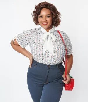 Unique Vintage Plus Size Blue & White Cherry Stripe Bow Tie Chita Blouse Easy Date Night