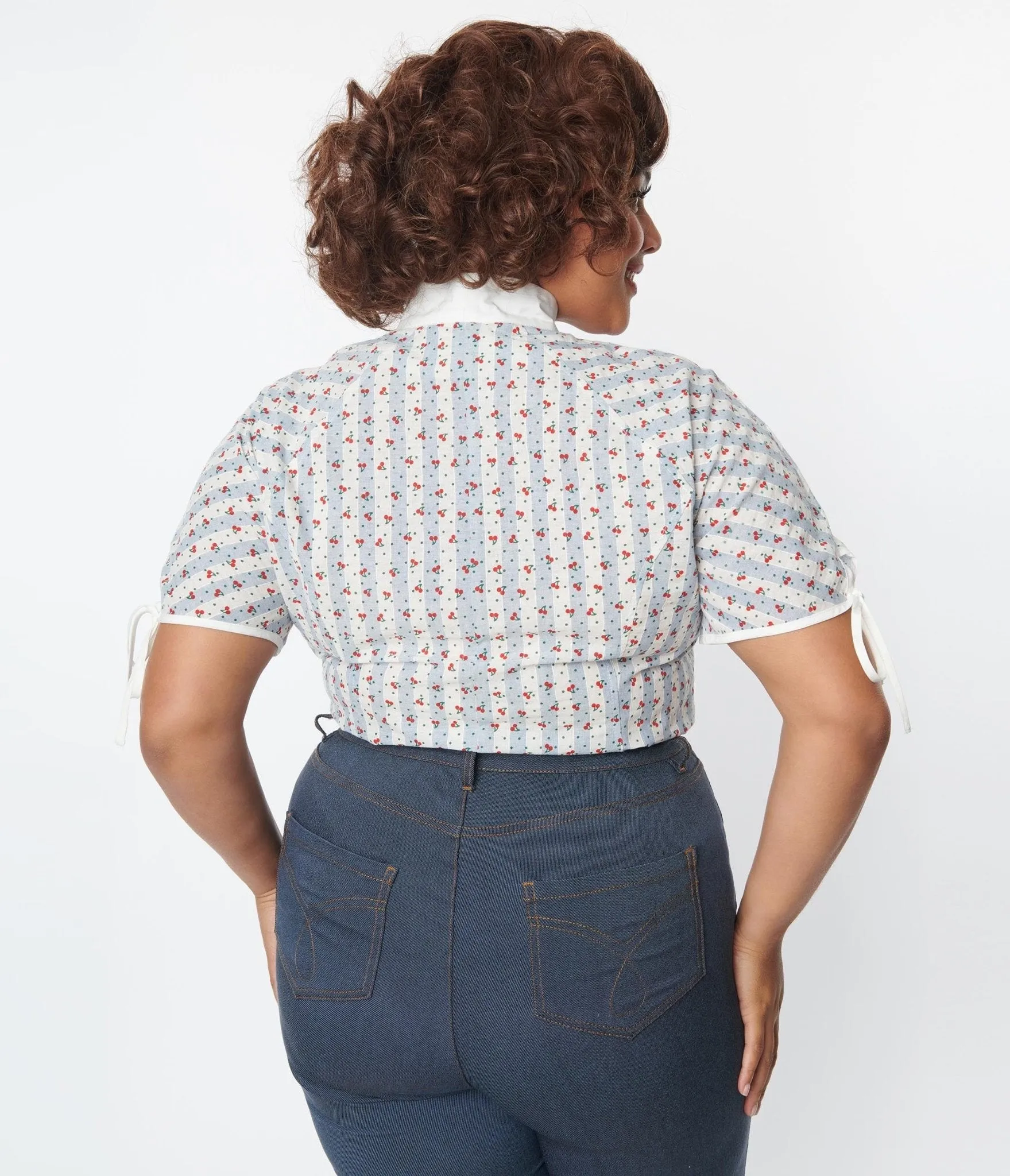 Unique Vintage Plus Size Blue & White Cherry Stripe Bow Tie Chita Blouse Easy Date Night