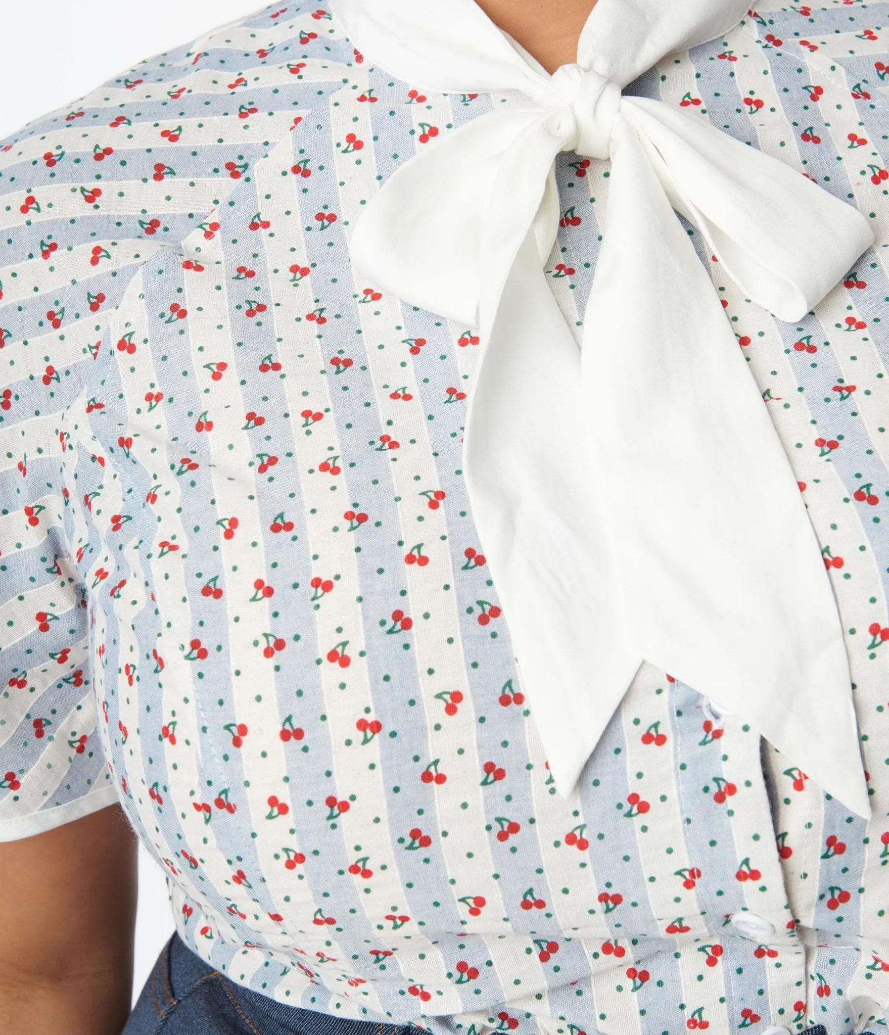 Unique Vintage Plus Size Blue & White Cherry Stripe Bow Tie Chita Blouse Easy Date Night