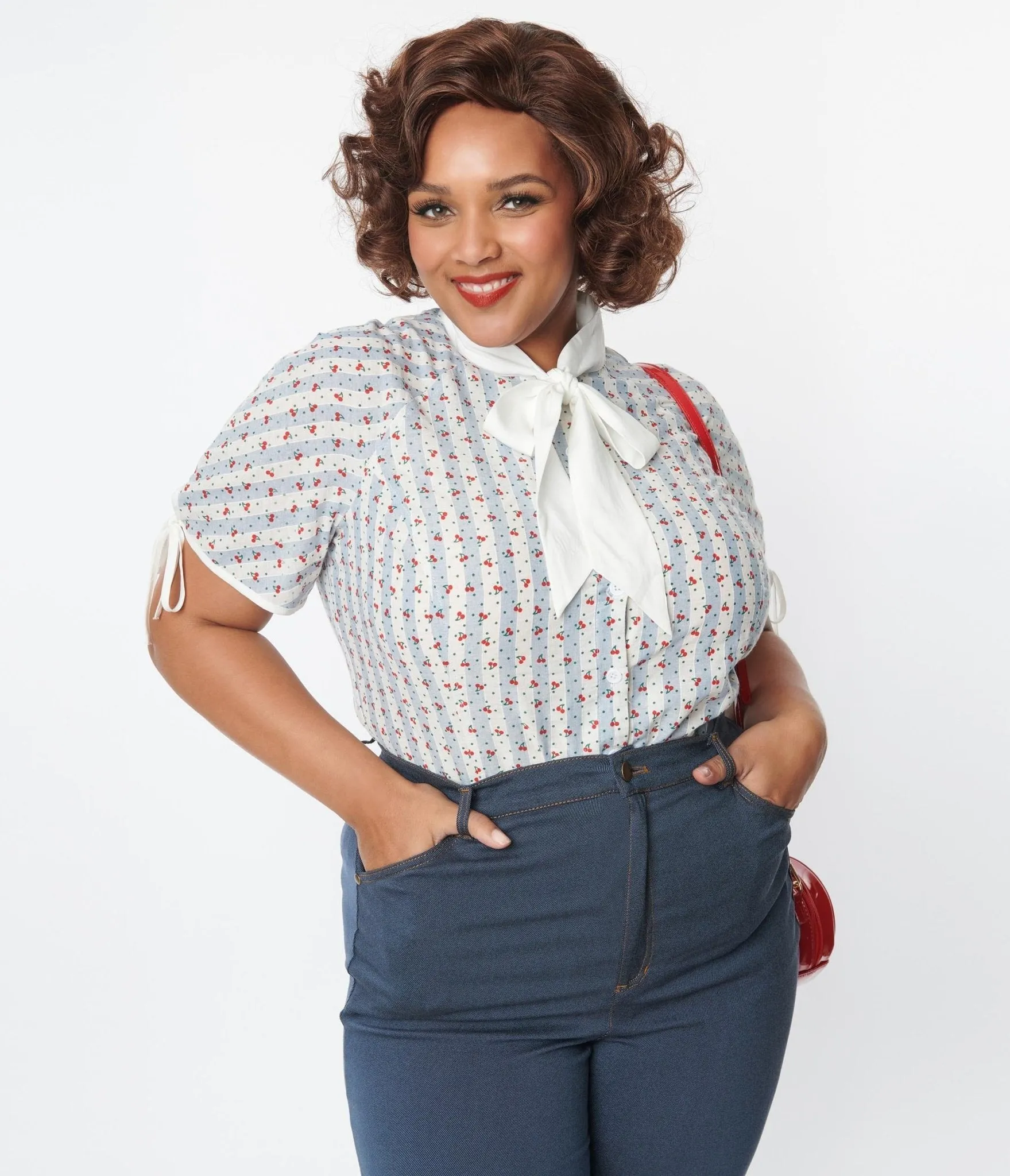 Unique Vintage Plus Size Blue & White Cherry Stripe Bow Tie Chita Blouse Easy Date Night