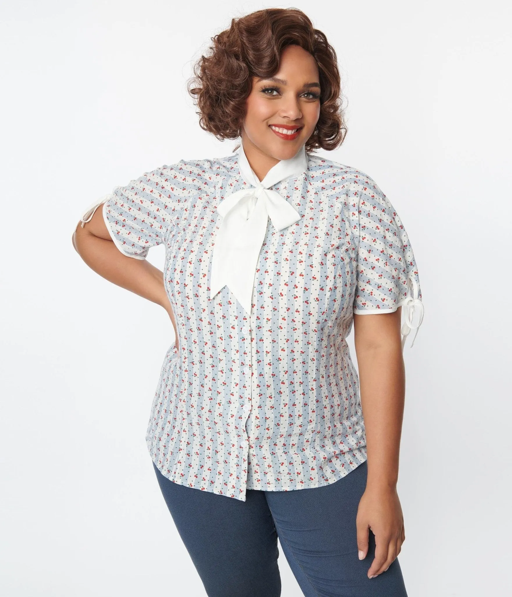 Unique Vintage Plus Size Blue & White Cherry Stripe Bow Tie Chita Blouse Easy Date Night