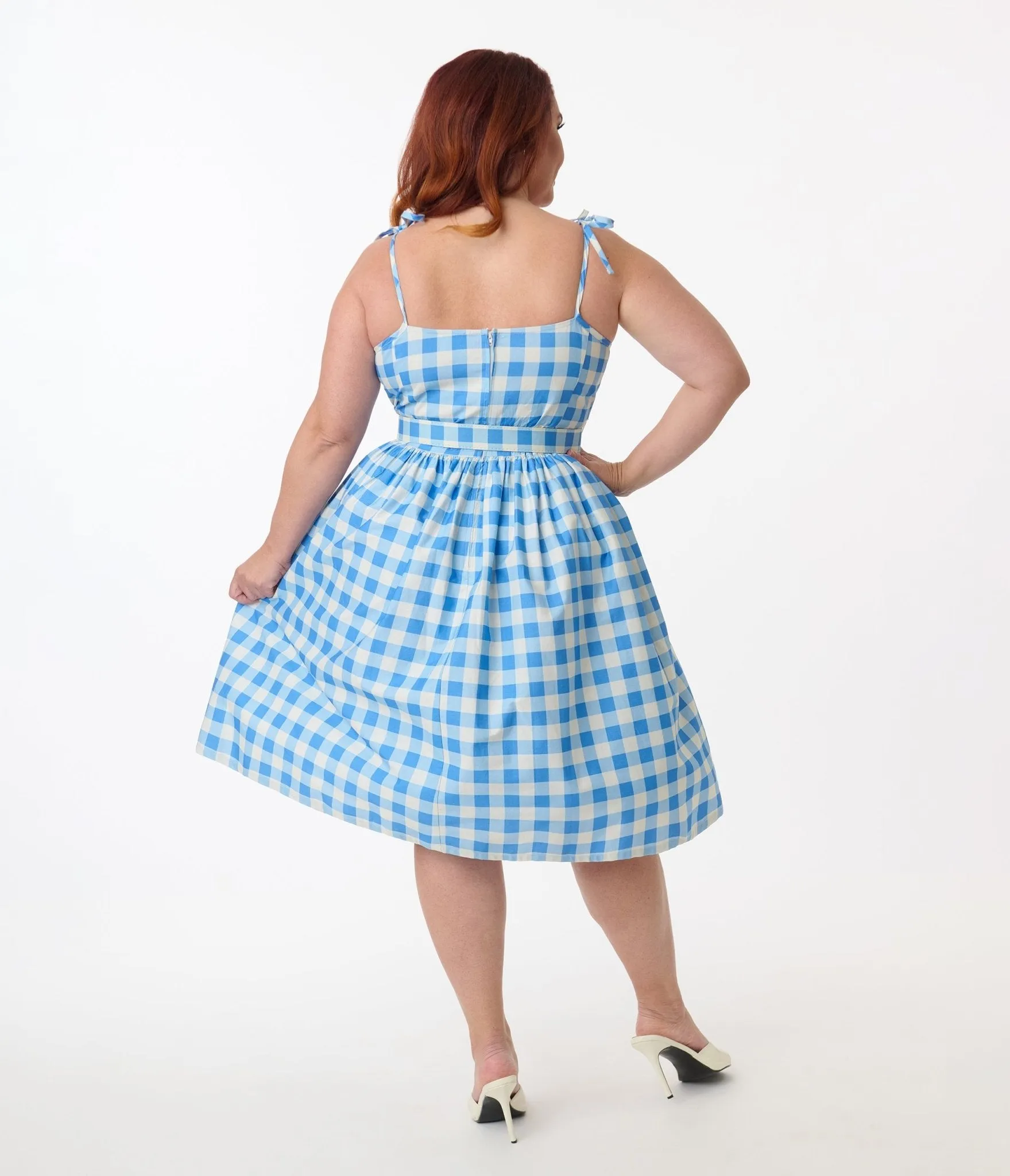 Unique Vintage Plus Size Blue & White Gingham Bobbie Swing Dress Casual Everyday Look