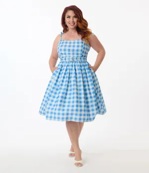 Unique Vintage Plus Size Blue & White Gingham Bobbie Swing Dress Casual Everyday Look