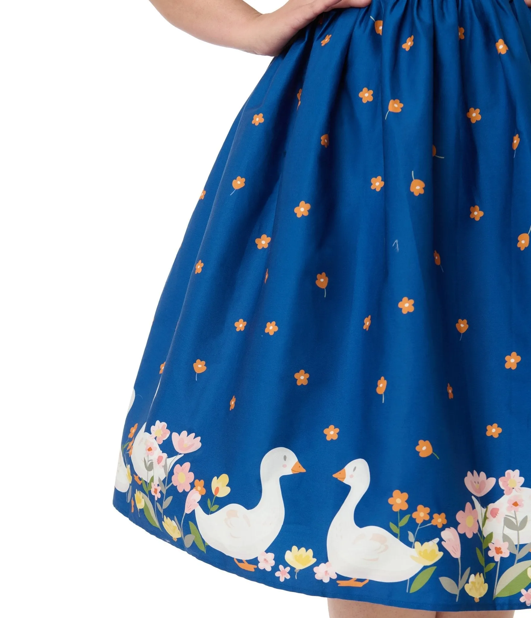 Unique Vintage Plus Size Blue & White Goose Cotton Swing Dress Casual Everyday Look