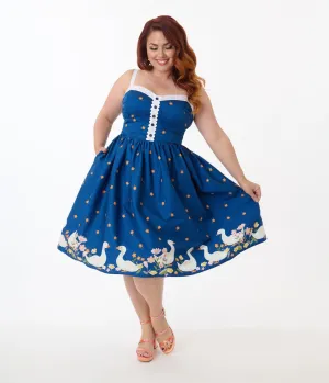 Unique Vintage Plus Size Blue & White Goose Cotton Swing Dress Casual Everyday Look