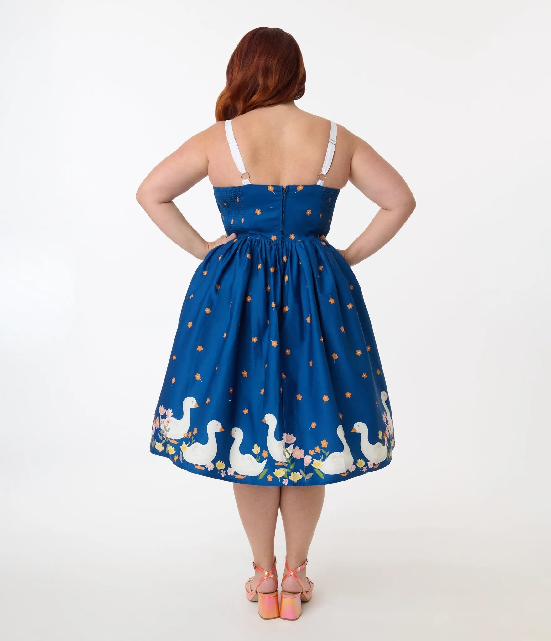 Unique Vintage Plus Size Blue & White Goose Cotton Swing Dress Casual Everyday Look