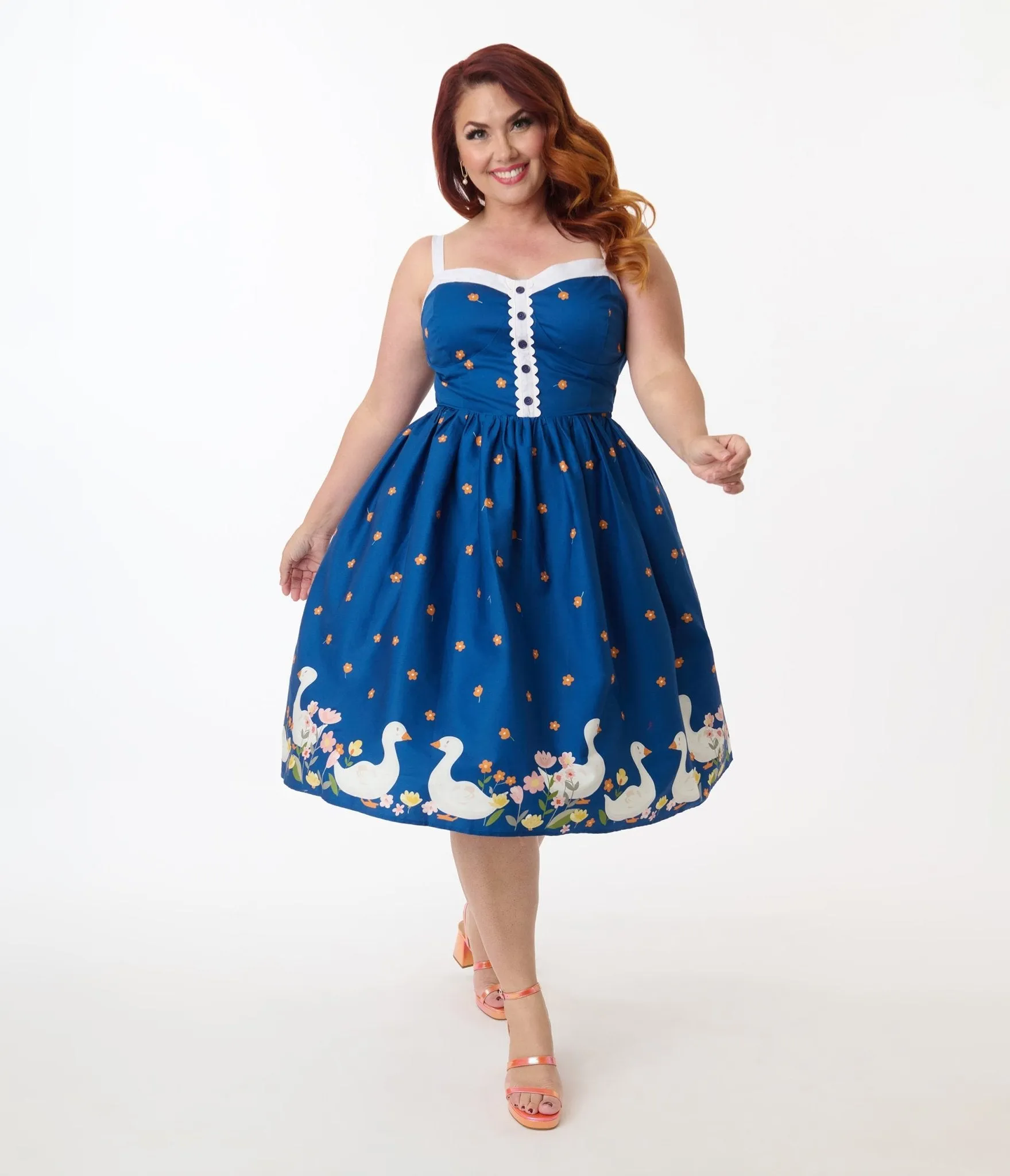 Unique Vintage Plus Size Blue & White Goose Cotton Swing Dress Casual Everyday Look