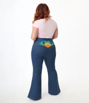 Unique Vintage Plus Size Blue Denim Western Embroidered Jeans Comfortable Travel Wear