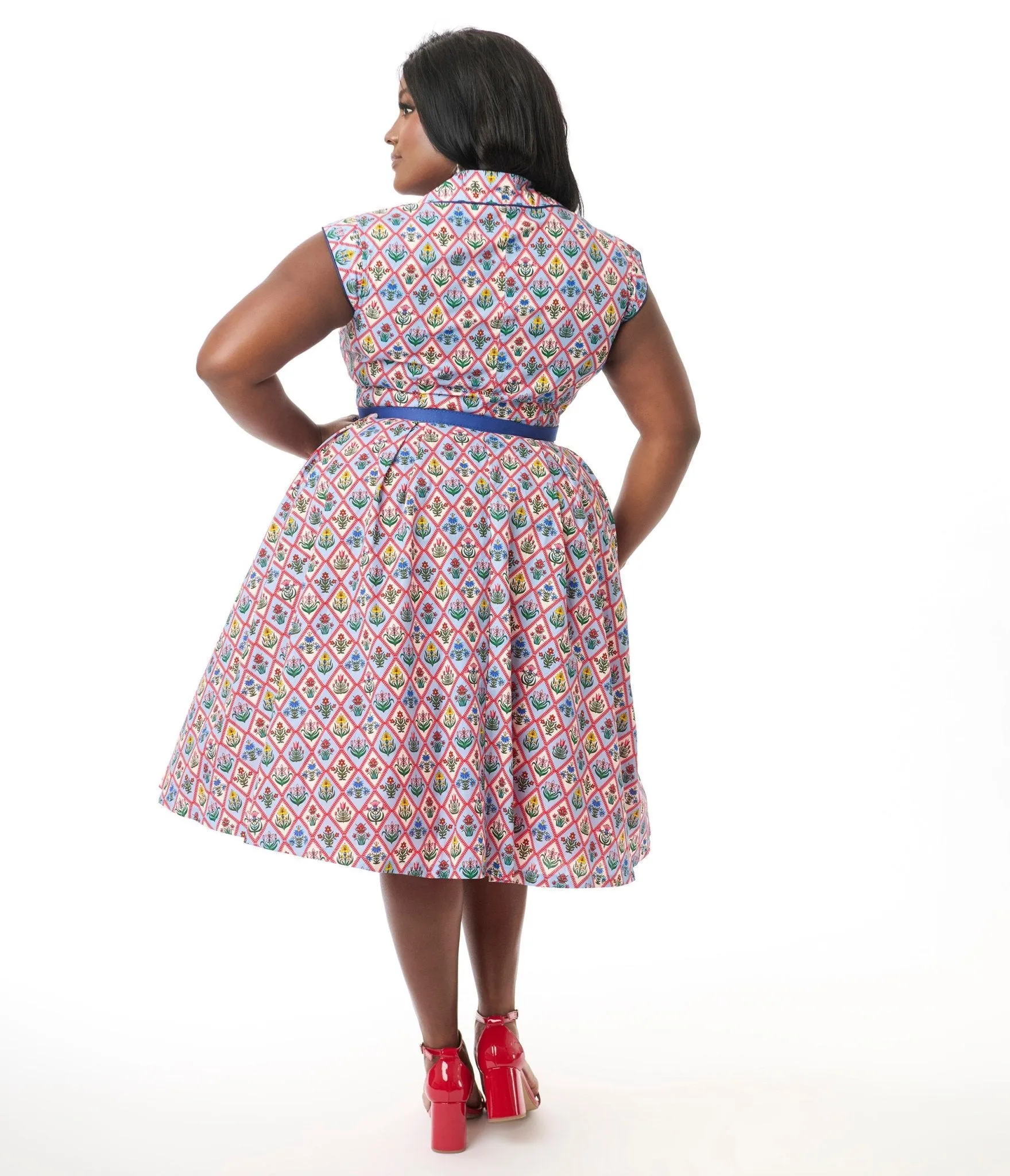 Unique Vintage Plus Size Blue Diamond Floral Shirt Swing Dress Casual Everyday Look