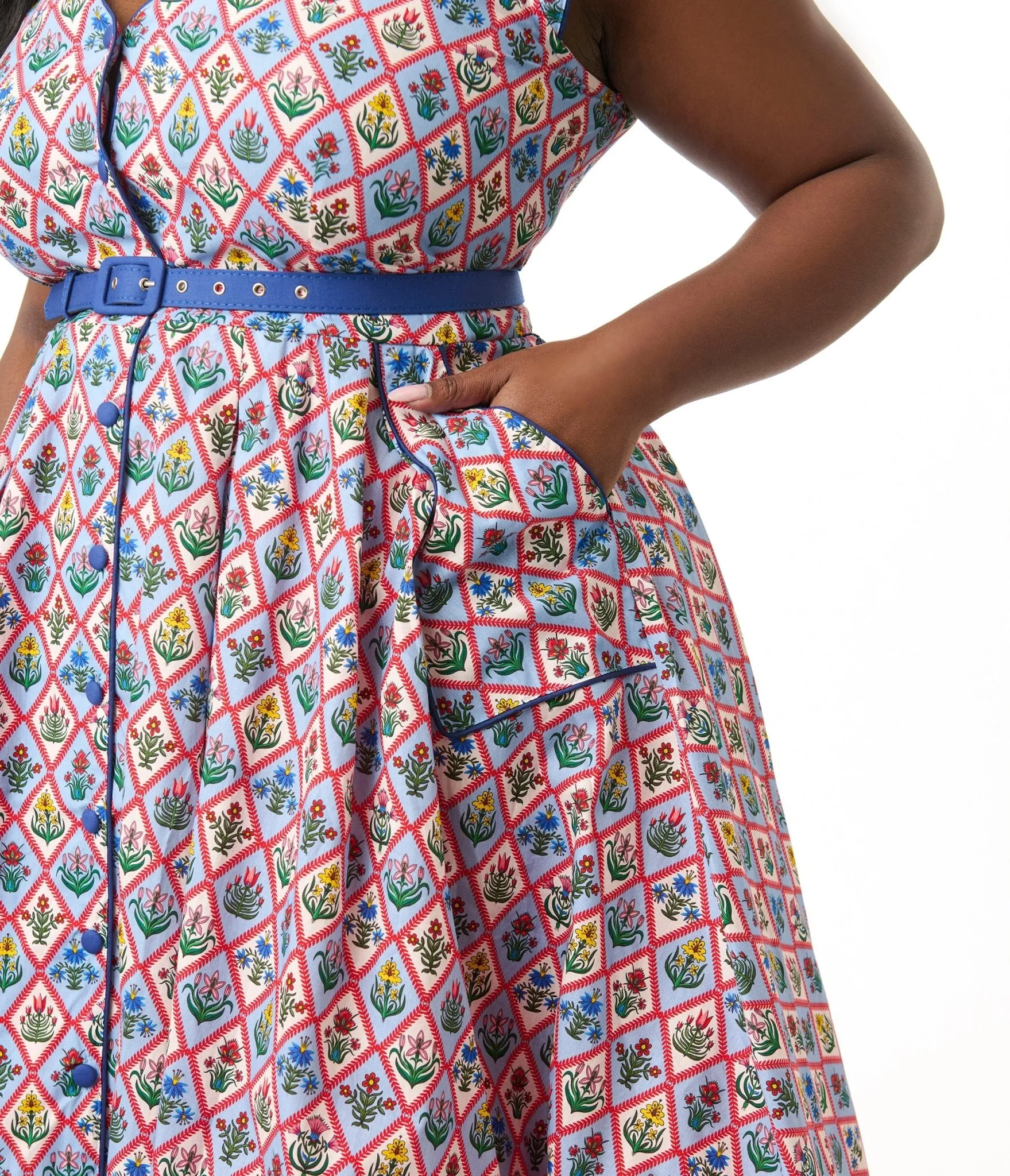 Unique Vintage Plus Size Blue Diamond Floral Shirt Swing Dress Casual Everyday Look