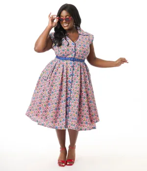 Unique Vintage Plus Size Blue Diamond Floral Shirt Swing Dress Casual Everyday Look