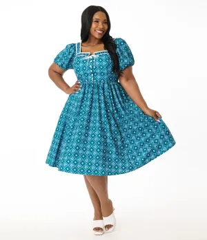 Unique Vintage Plus Size Blue French Country Diamond Button Front Dress Casual Everyday Look