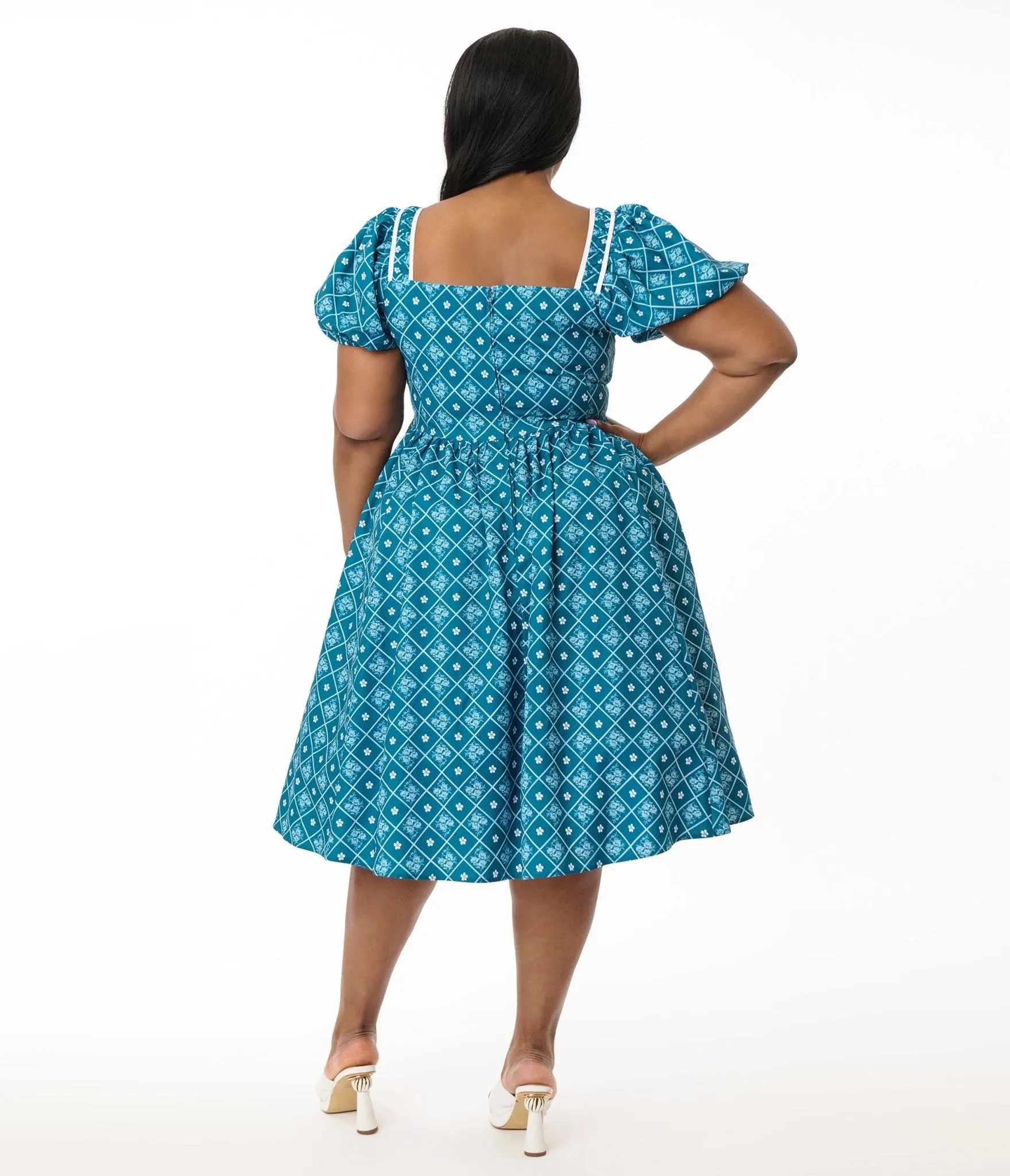 Unique Vintage Plus Size Blue French Country Diamond Button Front Dress Casual Everyday Look