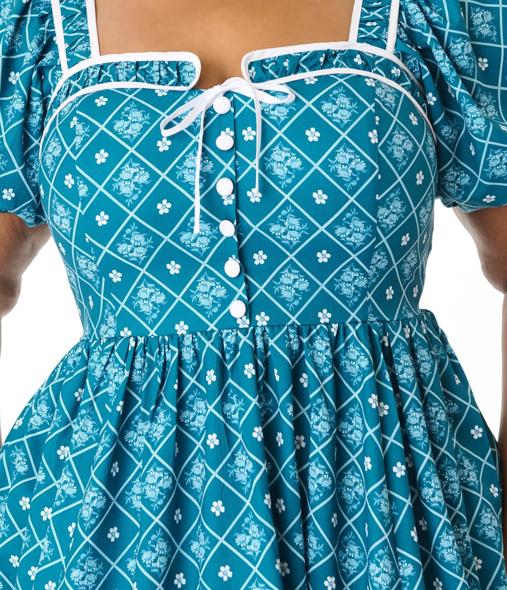 Unique Vintage Plus Size Blue French Country Diamond Button Front Dress Casual Everyday Look