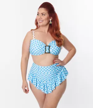 Unique Vintage Plus Size Blue Gingham Buckle Swim Top Beach Vacation Ready