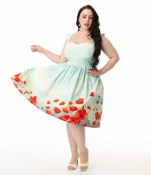 Unique Vintage Plus Size Blue Sky & Poppy Field Sleeveless Swing Dress Casual Everyday Look