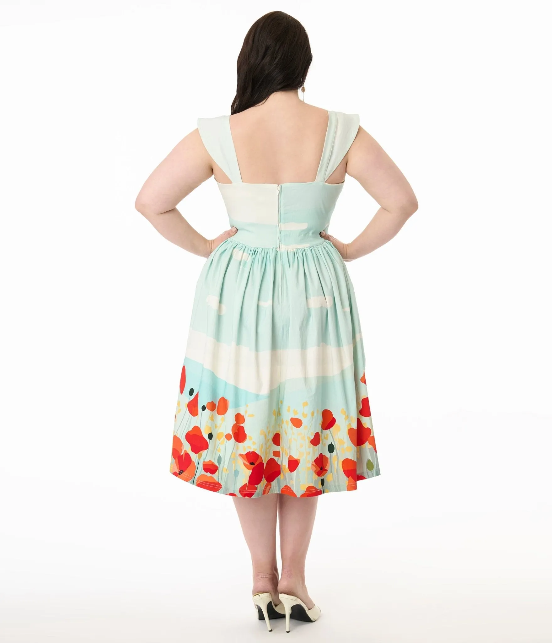 Unique Vintage Plus Size Blue Sky & Poppy Field Sleeveless Swing Dress Casual Everyday Look
