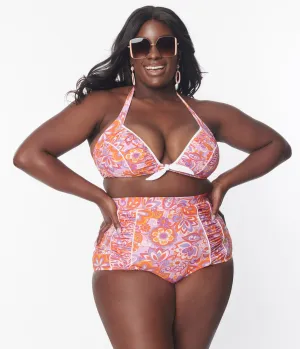 Unique Vintage Plus Size Bohemian Floral Ruched Swim Bottom Beach Vacation Ready