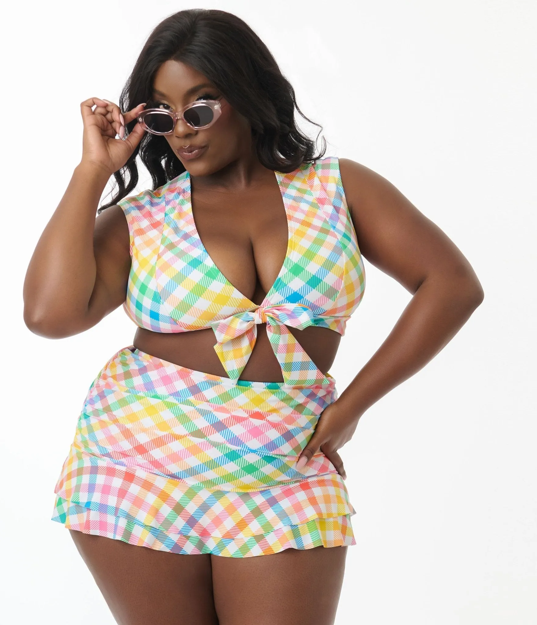 Unique Vintage Plus Size Bright Rainbow Gingham Swim Top Beach Vacation Ready