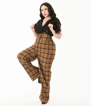 Unique Vintage Plus Size Brown Plaid Thelma Suspender Pants Comfortable Travel Wear