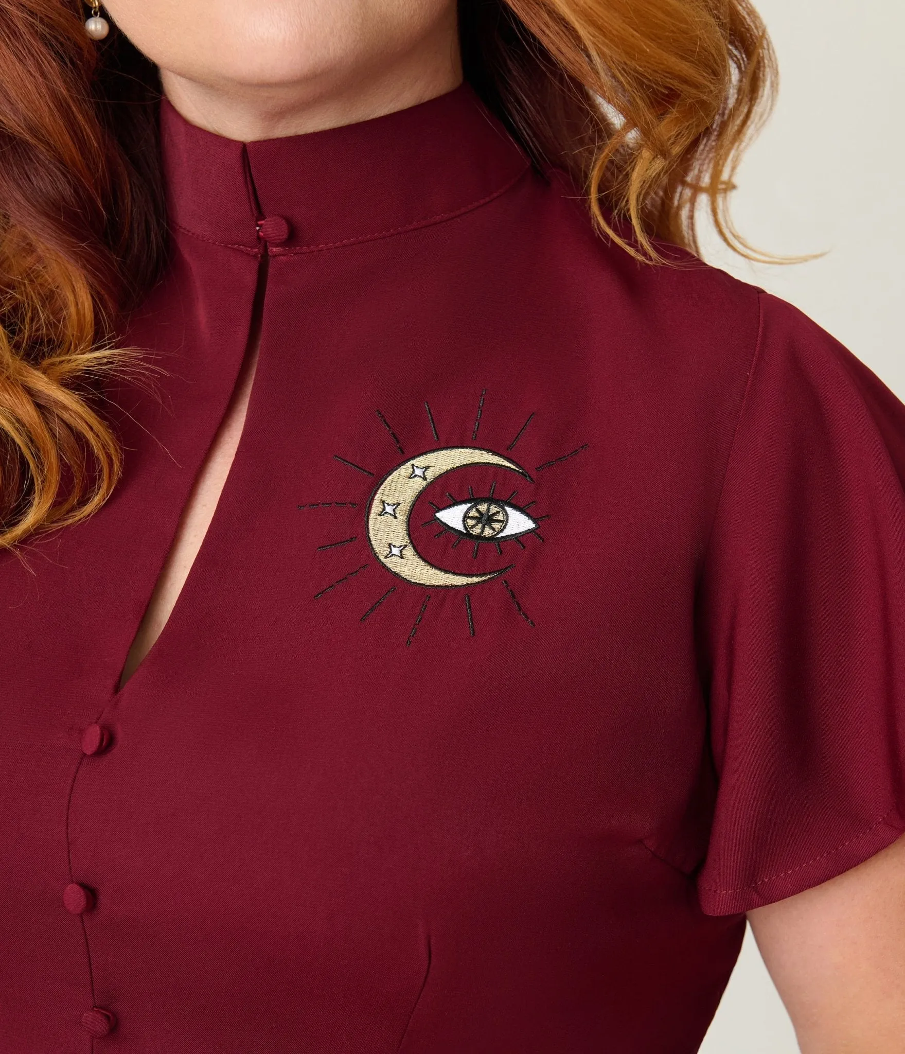 Unique Vintage Plus Size Burgundy Evil Eye Baltimore Swing Dress Casual Everyday Look